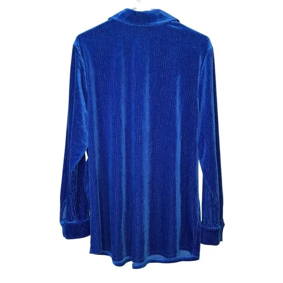 Soft Surroundings Ribbed Metallic Blue Velvet Boyfriend Tunic Button Shirt LARGE - Picture 5 of 9